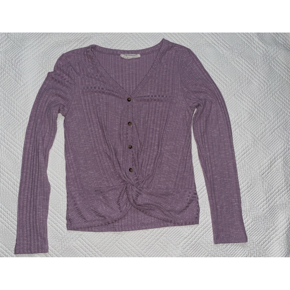 Hippie Rose Women's Top Size Small Purple V-neck Ribbed Button Long Sleeve Twist